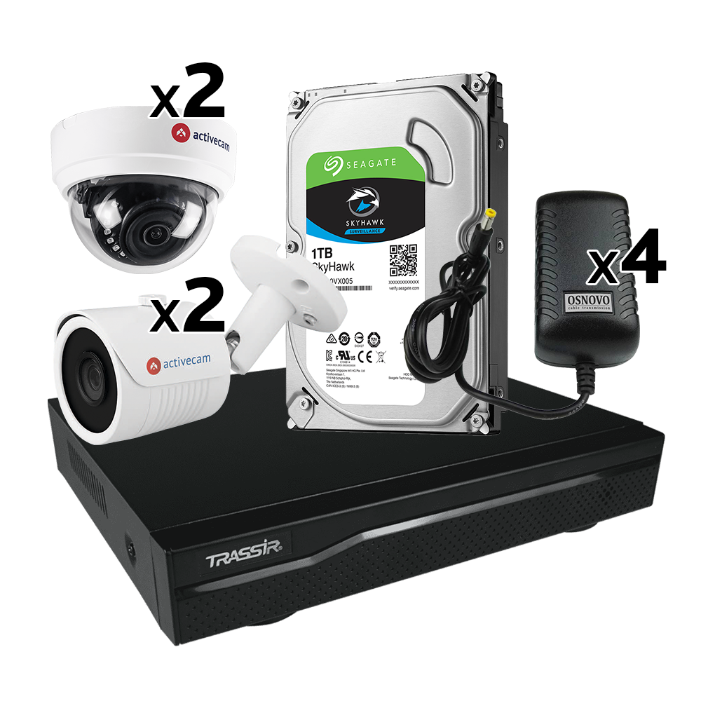 Аналоговый комплект видеонаблюдения  на 4 камеры с разрешением 2 Мп